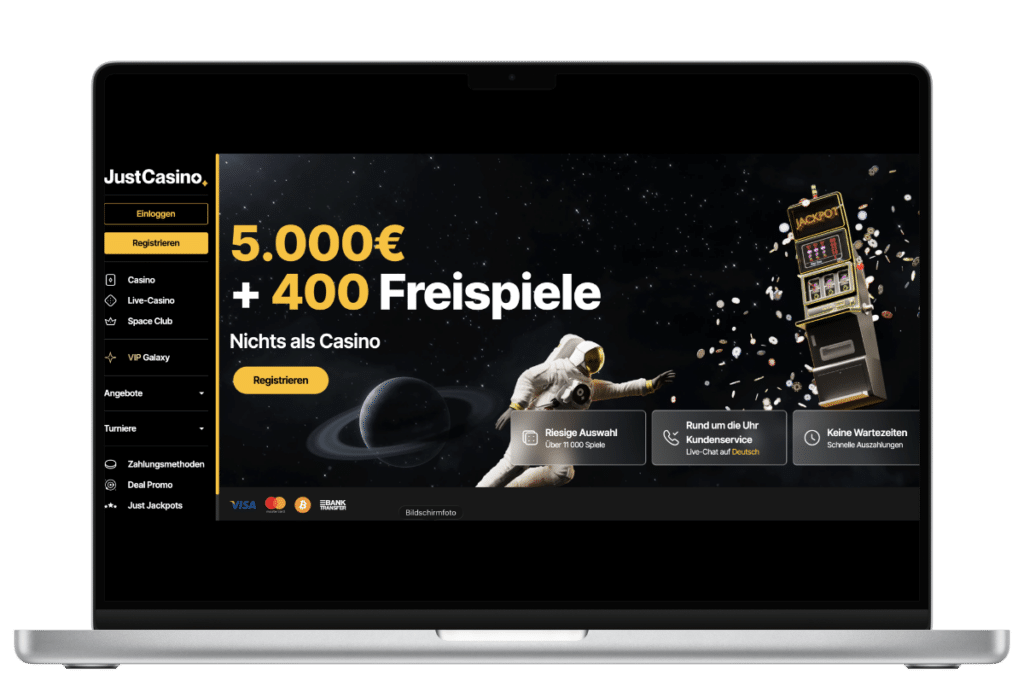 JustCasino Interface auf Laptop