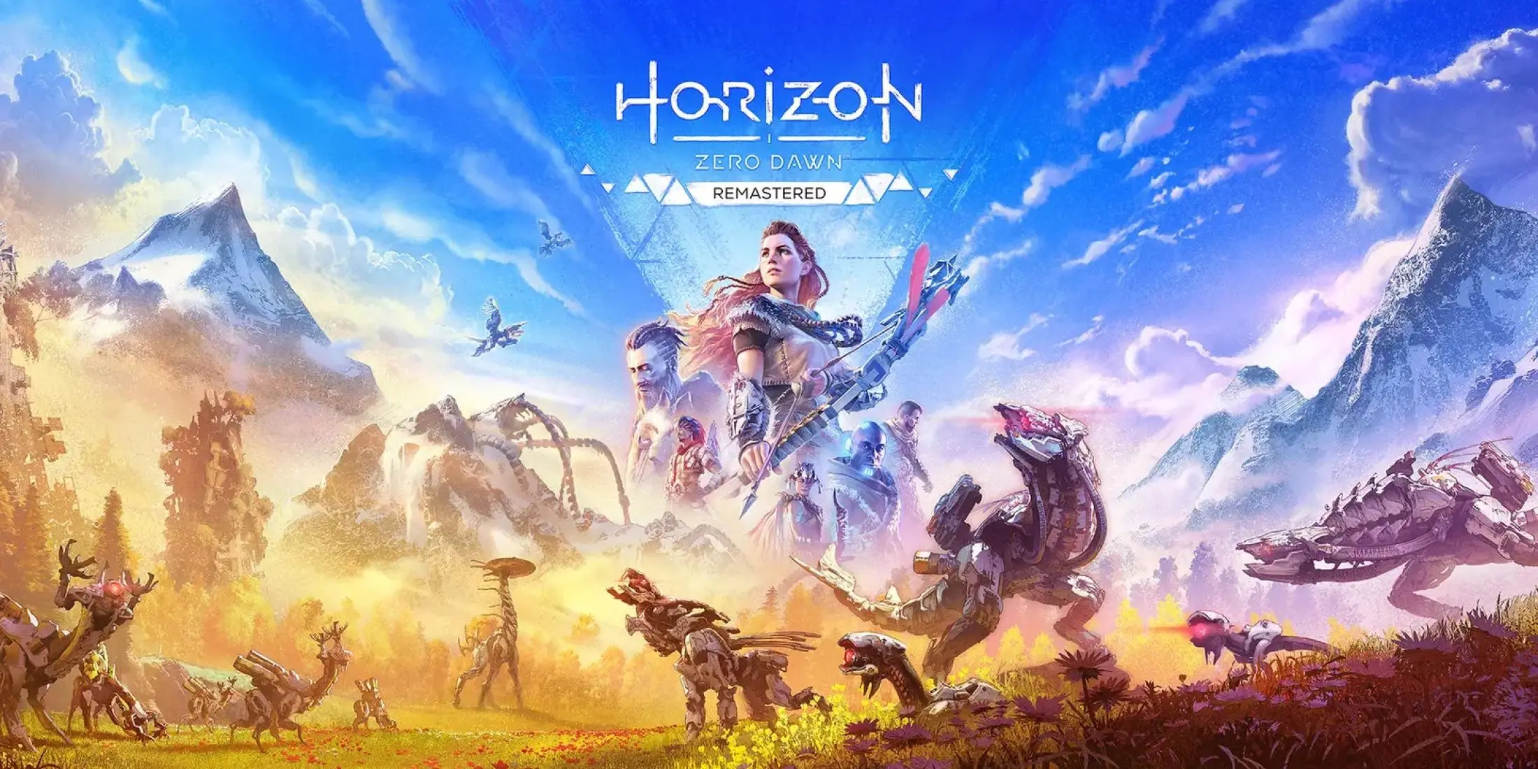 Artwork featuring Horizon Zero Dawn Remastered with characters and robotic creatures in a vibrant landscape.