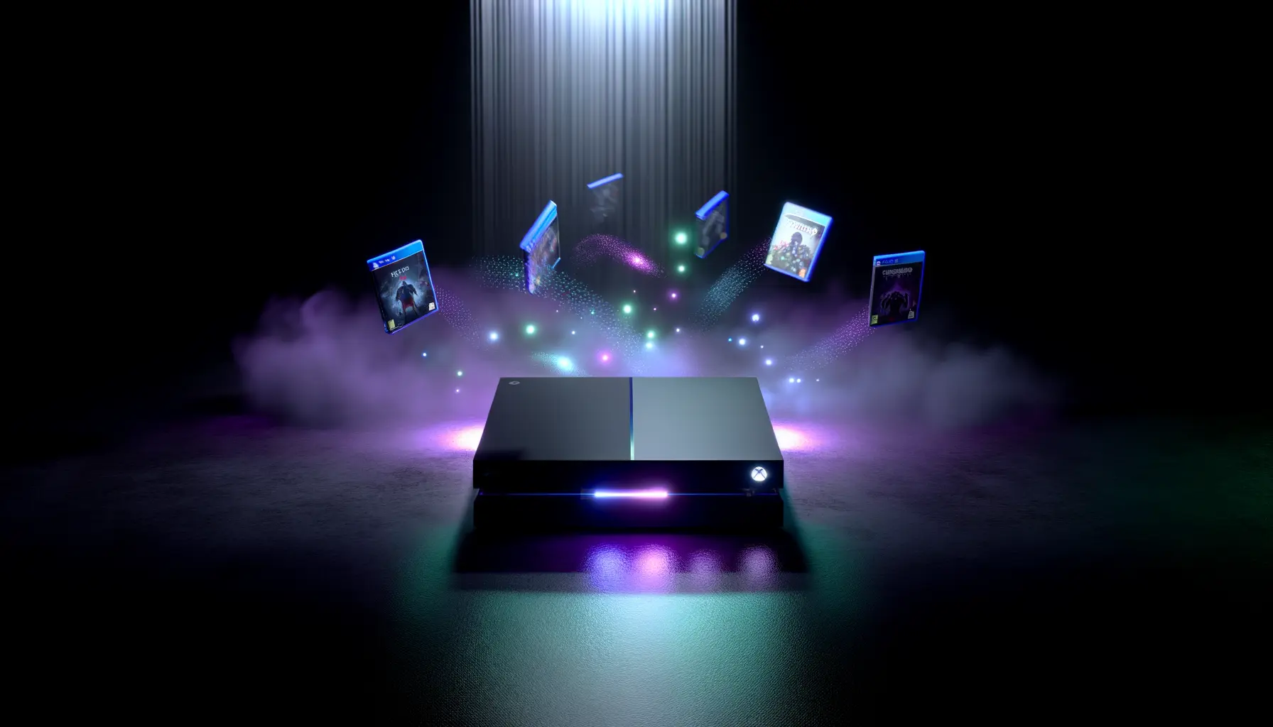 Console PlayStation 5 avec des vignettes de jeux holographiques montrant la rotation et les mises à jour du catalogue