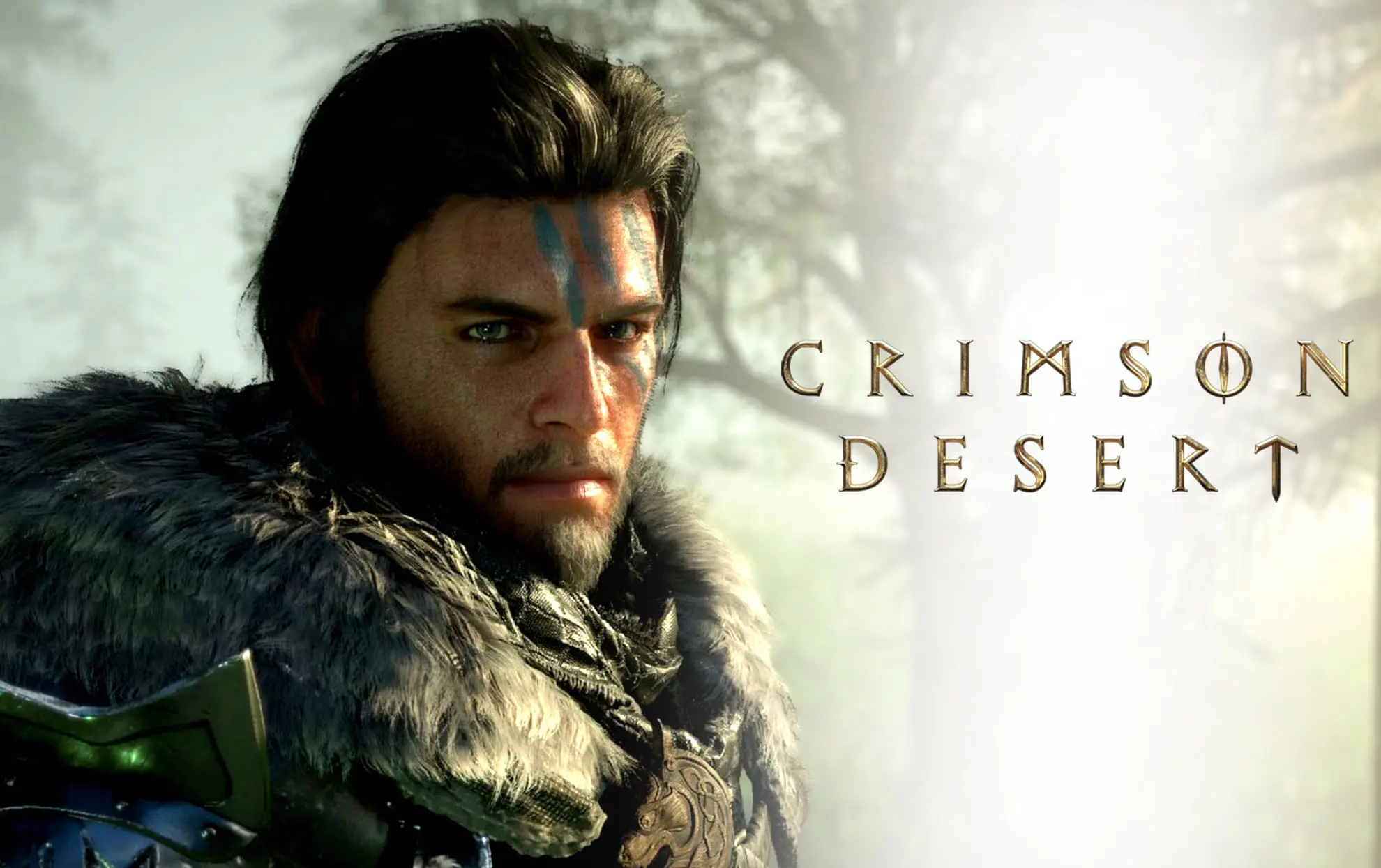 Close-up of a rugged character in armor from Crimson Desert with a blurred background.