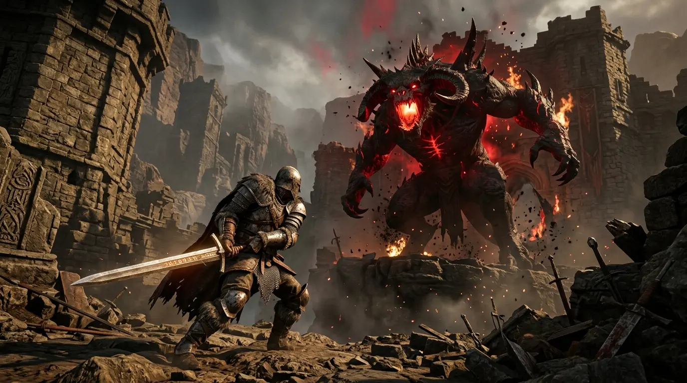Epic boss battle scene from Crimson Desert showing warrior facing massive enemy in ruined fortress