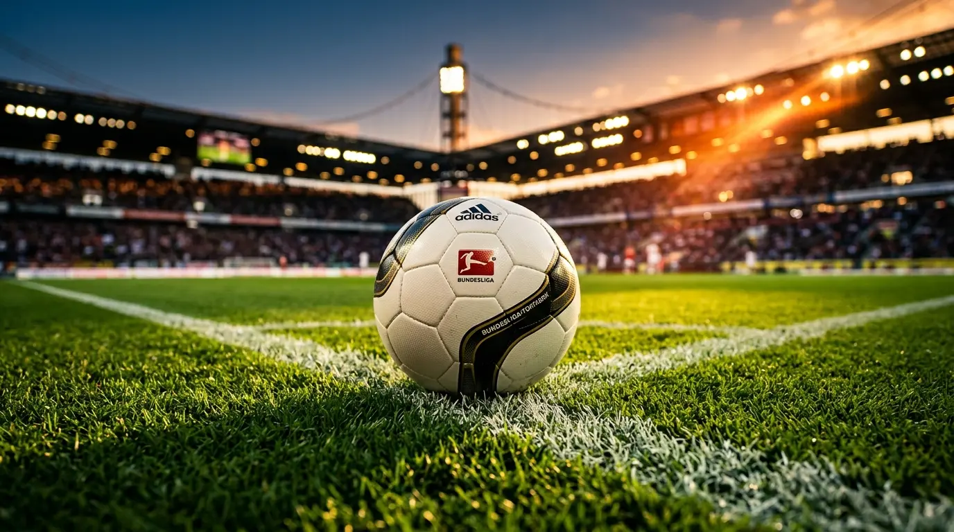Soccer ball on illuminated stadium pitch with dramatic lighting
