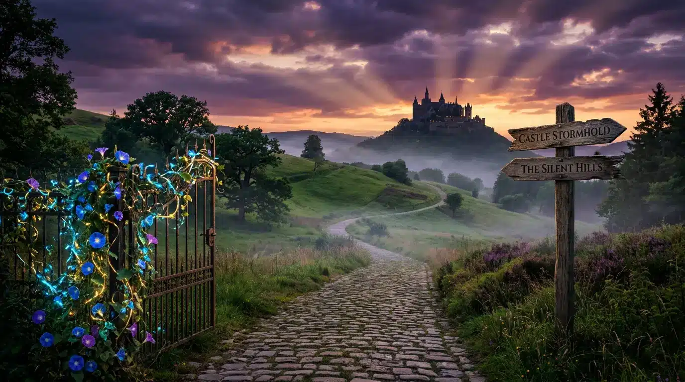 Fantasy landscape with winding path leading to distant castle at twilight with magical atmosphere