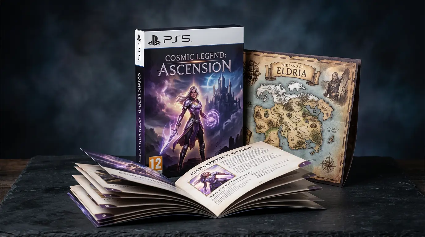 Physical edition game case with reversible cover, instruction manual and illustrated poster in dramatic lighting
