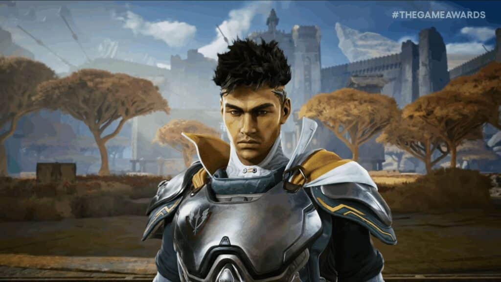 ハイガードの幻想的な風景を背景に、決意に満ちた鎧を着た英雄が前を向いている