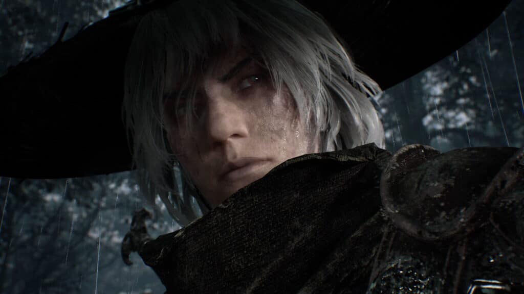 クローズアップでは、ファントムブレードゼロで雨の中、幅広の帽子をかぶった厳しい戦士が映っている。