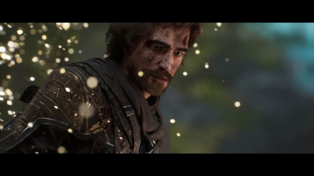 クレア・オブスキュア・エクスペディション33で、燃えさしが空中に漂う中、負傷した男が決意をもって振り返る。