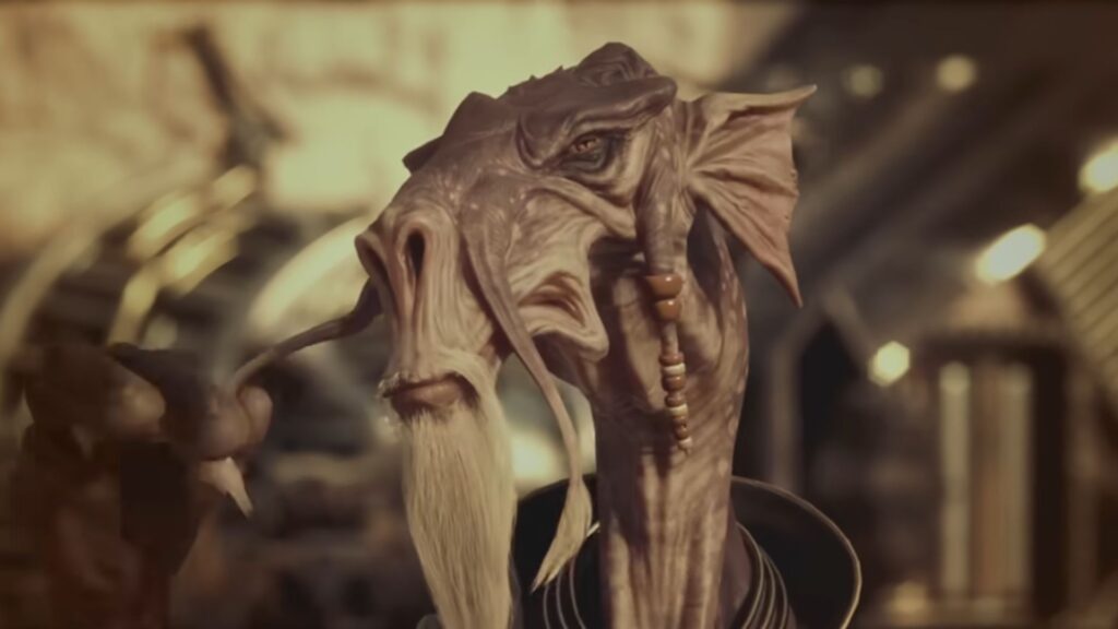 スターウォーズギャラクティックレーサーの映画のワンシーンに、長い顔立ちをした精巧なエイリアンのキャラクターが登場する。