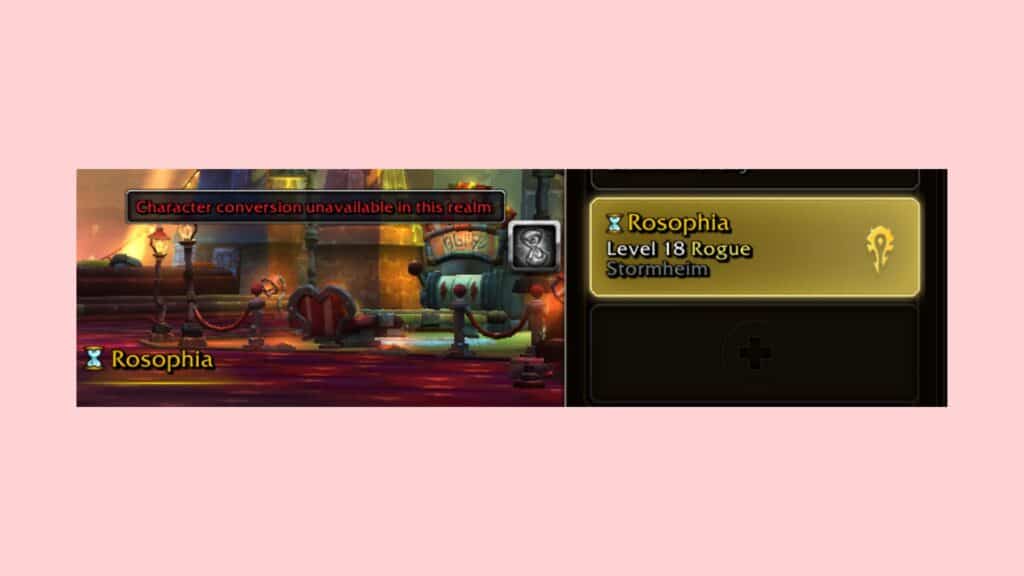 World of Warcraftのインターフェースには、レベル18のローグであるRosophiaというキャラクターと、領域制限のメッセージが表示されている。