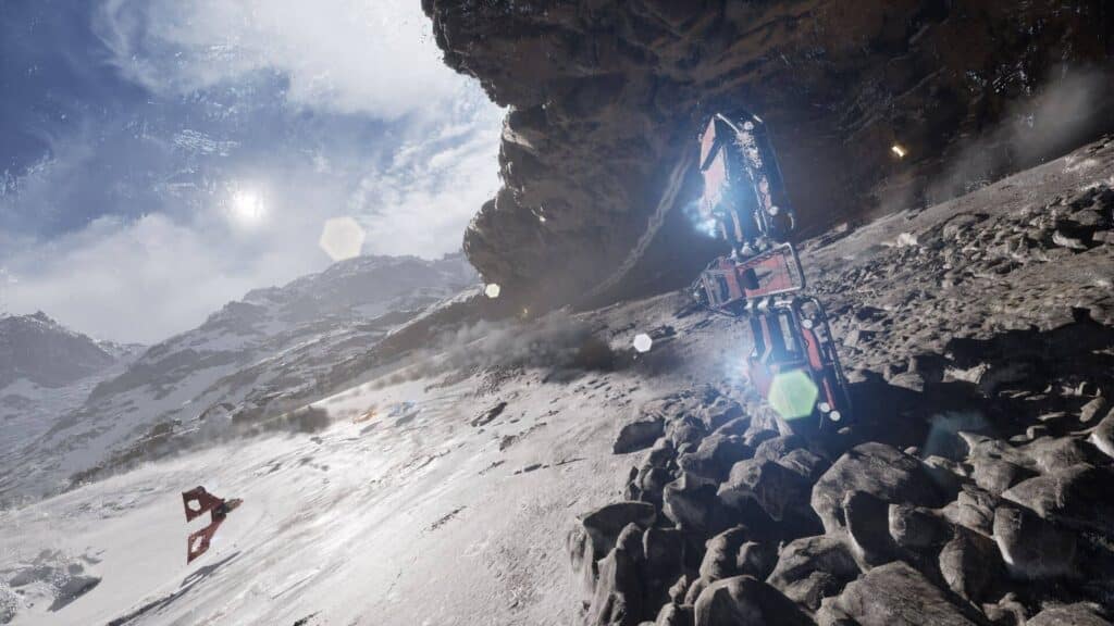 スターウォーズギャラクティックレーサーでは、明るい空の下、ホバー車両が岩だらけの山腹を走り抜ける。