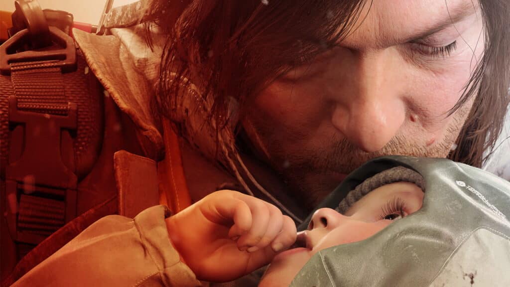 『デス・ストランディング2 オン・ザ・ビーチ』の感動的なクローズアップシーンでは、保護ポッドに入った赤ちゃんを優しく抱く男性が映し出されている。