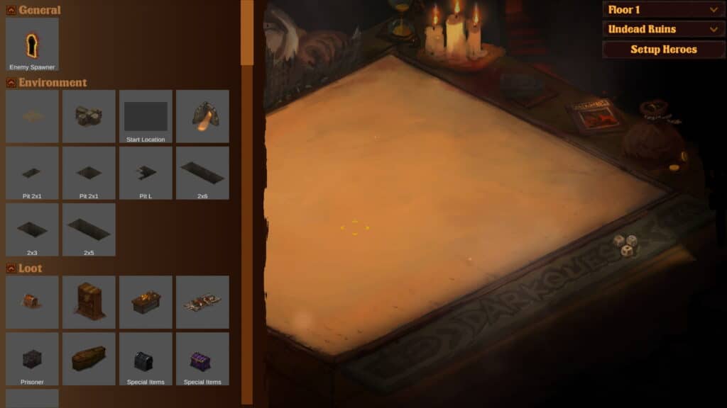 Dark Quest 4 のマップ エディター画面。カスタム ダンジョンを構築するための環境、戦利品、敵スポナーのオプションが表示されています。