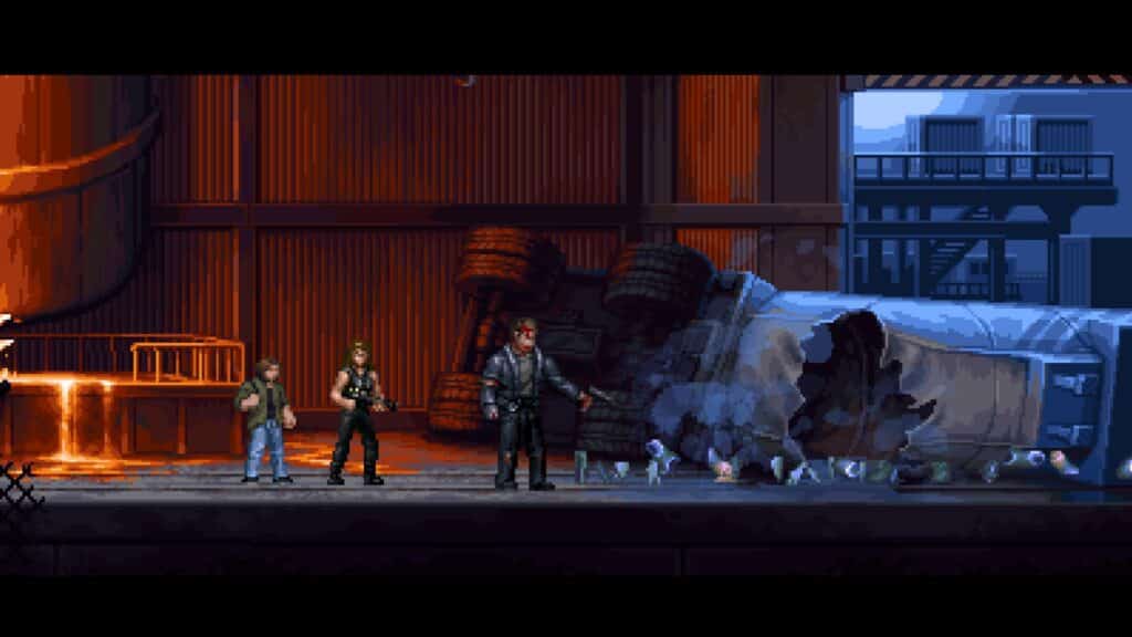 ターミネーター2Dで危険が迫る中、グループは破壊された工場を進んでいく