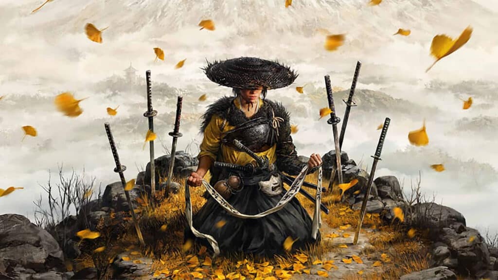 羊蹄山の幽霊では、落ち葉と刀の中にひざまずく戦士が、ドラマチックな侍の雰囲気を捉えている。