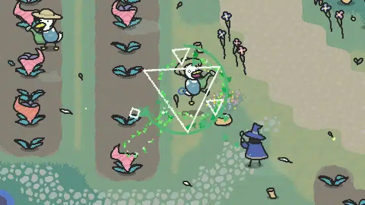 アヒルのような農夫のキャラクターが、カラフルなスクラブダックル畑で作物を育てているときに魔法の呪文の効果に巻き込まれる