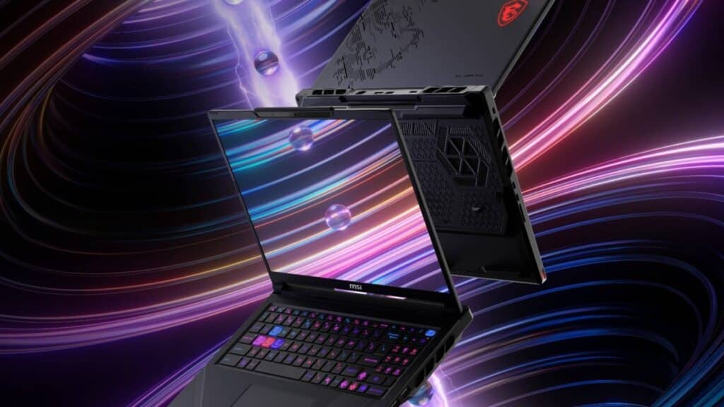 RGBキーボードと未来的な背景を備えたMSIゲーミングラップトップをさまざまな角度から表示
