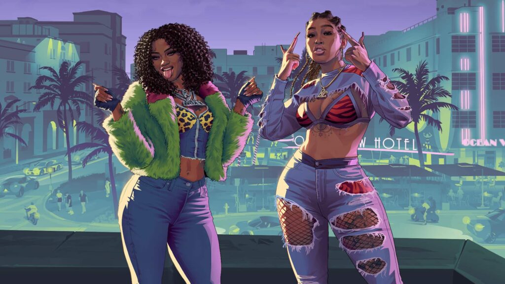 GTAで近代的な街並みを背景に、太陽の光が差し込むマリーナに武装した2人のキャラクターが待機している