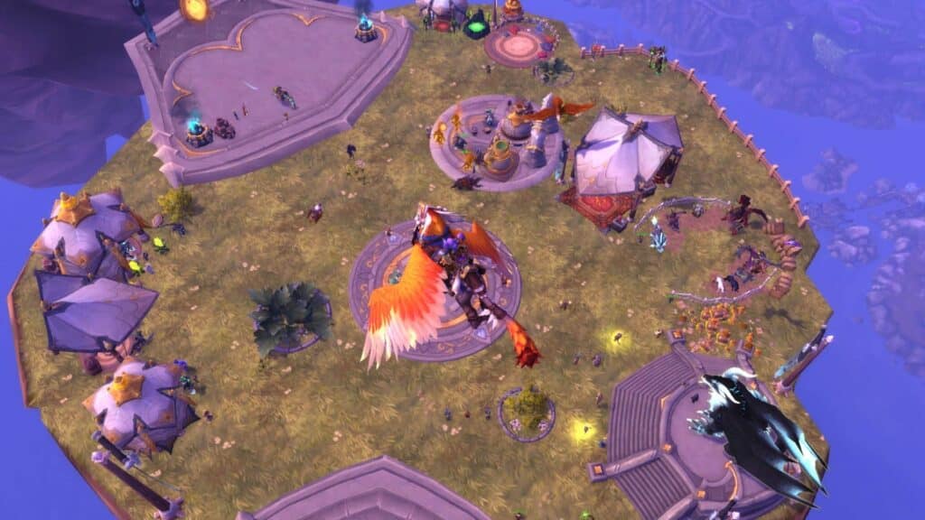 プレイヤーはワールド・オブ・ウォークラフトのオリボスの中心都市に集まり、乗り物に乗って飛び回る。