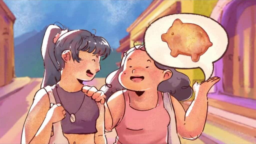 PancitoMerge で、2 人の友人がお気に入りの豚の形をしたペイストリーについて楽しくおしゃべりしています。