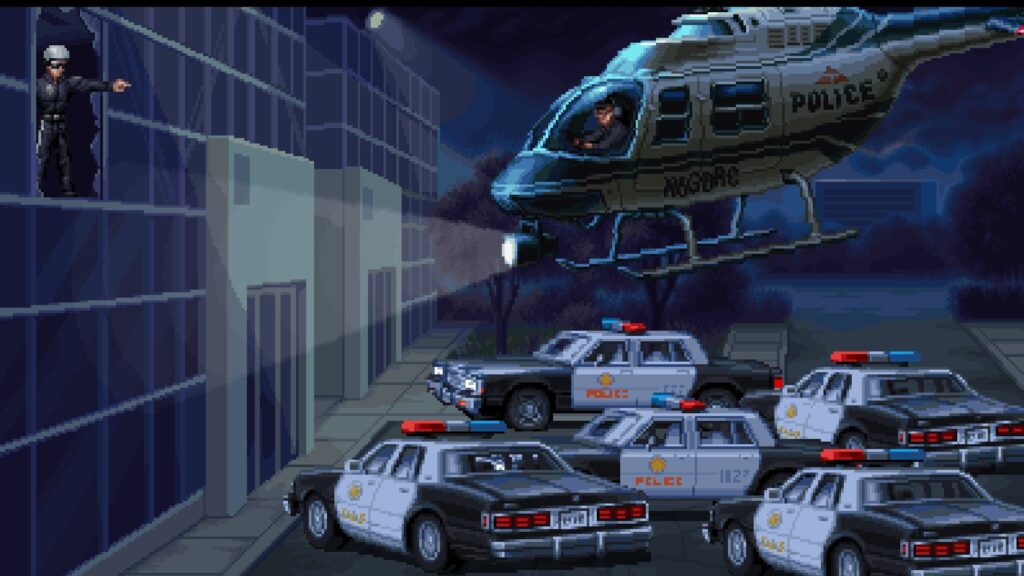 ターミネーター2Dの緊迫した対峙の中、警察のヘリコプターが封鎖に加わる