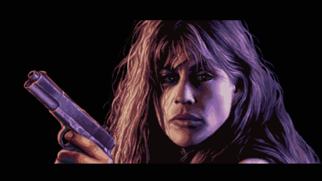 ターミネーター2Dでサラは焦点を定めて銃を構える