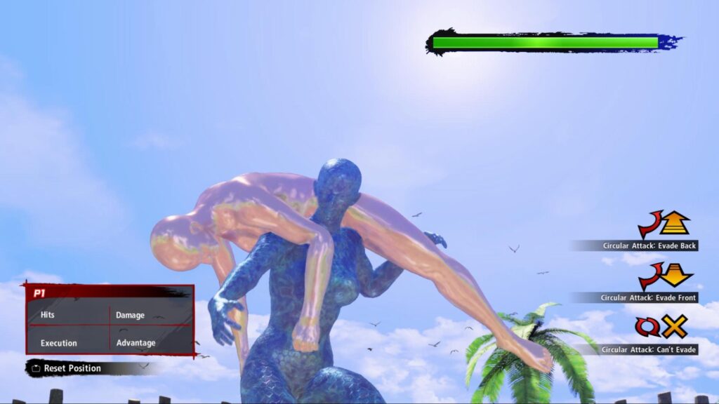 Virtua Fighter 5 REVO のゲームプレイ。画面に HUD インジケーターが表示された、晴れた屋外トレーニング アリーナで 2 人のメタリックなファイターがグラップル動作をしている様子が映し出されています。