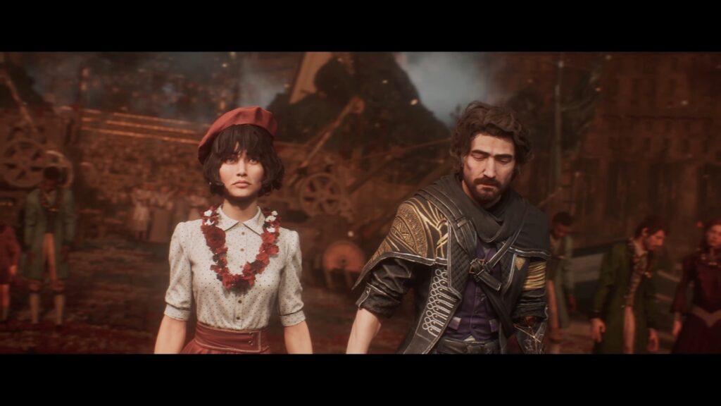 クレア・オブスキュア・エクスペディション33のシーンで、若い女性が花びらと見物人でいっぱいの静かな町の集まりを観察している。