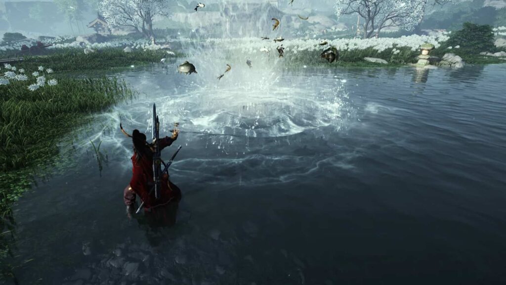 「Where Winds Meet」では、戦士が神秘的な力を使って川から魚を飛び出させる。