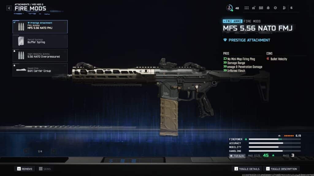 Call of Duty: Black Ops 7 の武器カスタマイズ画面。MFS 5.56 NATO FMJ 弾を選択したアサルトライフル、アタッチメントのステータス、長所と短所、パフォーマンスバーが表示されている。