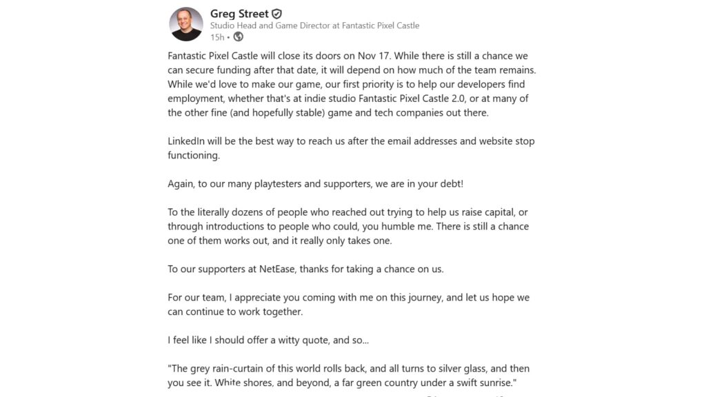 판타스틱 픽셀 캐슬의 CEO 그렉 스트리트의 링크드인