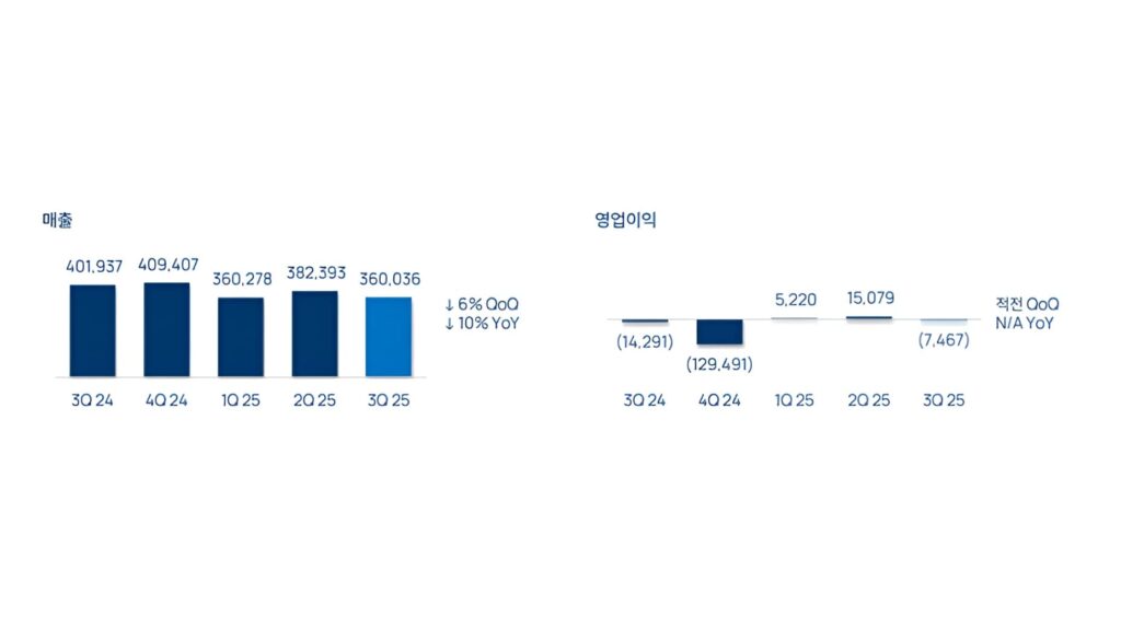 2024년 3분기부터 2025년 3분기까지의 분기별 매출 및 영업이익 변화 그래프