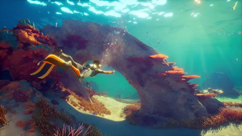 바닷속에서 다이버 캐릭터가 동굴을 향해 헤엄치는 장면