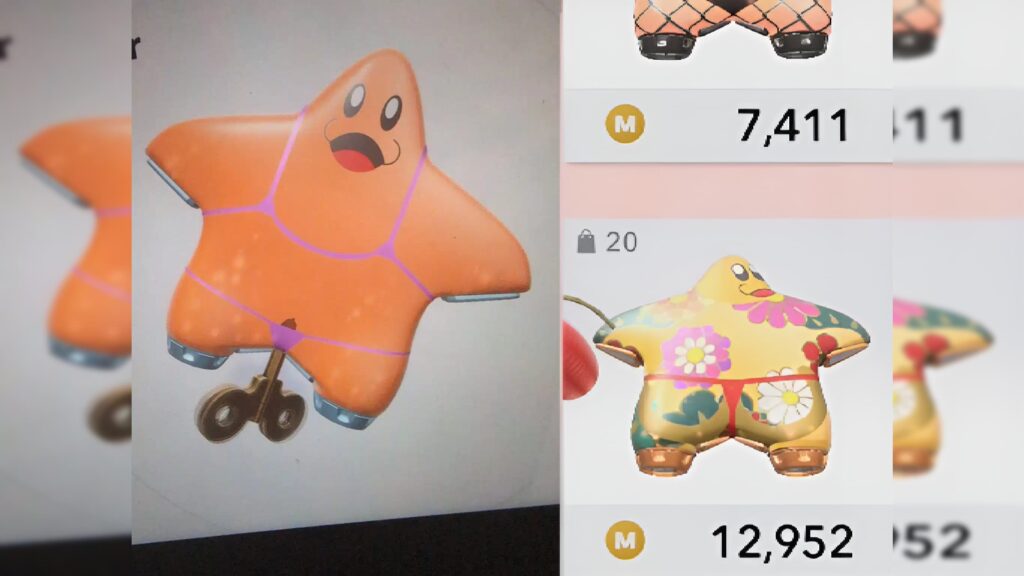 비키니를 입은 별 모양 캐릭터가 게임 커스터마이징 화면에 등장해 있다.