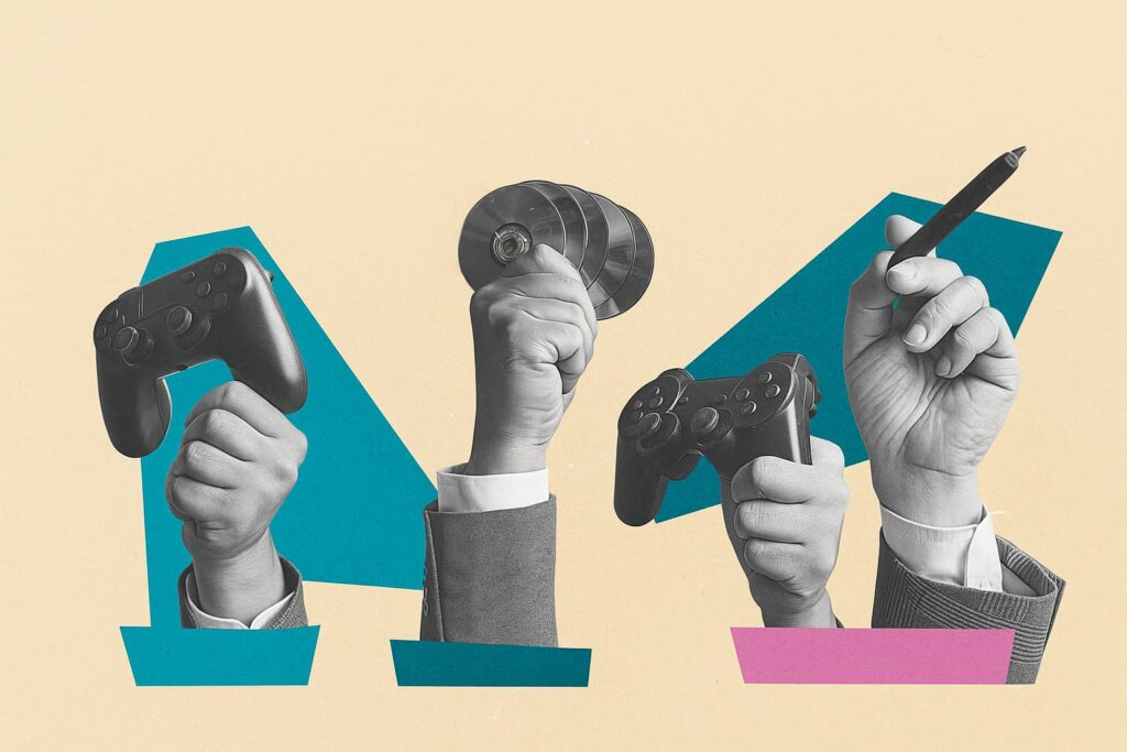 각각 게임 콘트롤러, 게임 CD, 조이스틱 등을 들고 있는 네 개의 손