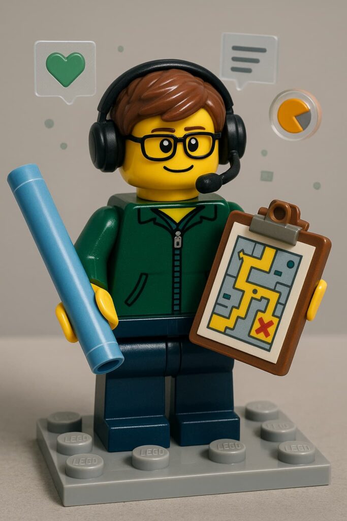 지도와 지시봉을 들고 헤드폰을 끼고 있는 게임 디자이너