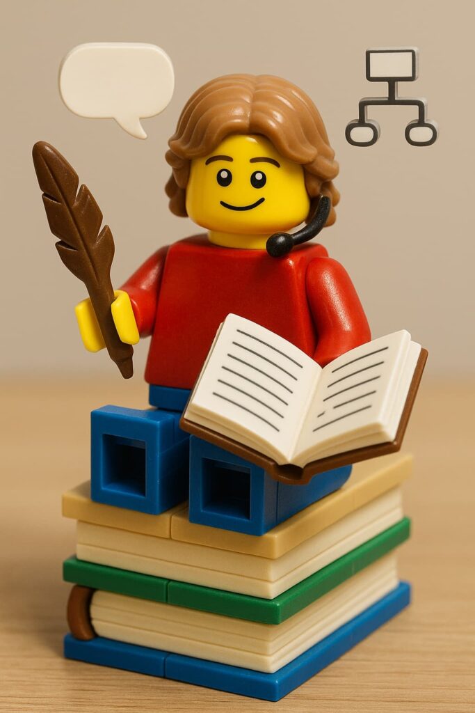 책 위에 앉아 깃털펜과 책을 들고 있는 게임 작가