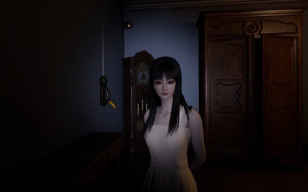 어두운 방 안에 서 있는 긴 생머리의 여성 캐릭터 토미에