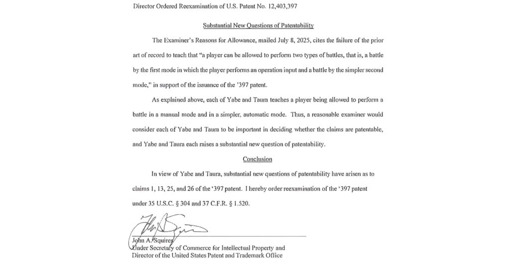 미국 특허청이 특허 제12,403,397호에 대해 재검토를 명령한 공식 문서