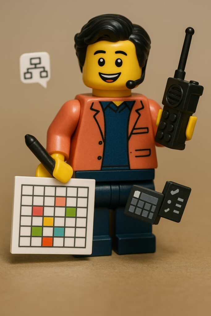 무전기와 게임판을 들고 있는 프로젝트 매니저