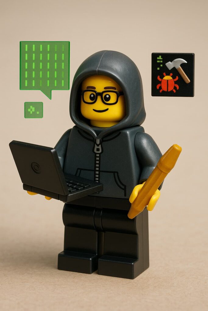 후드를 뒤집어쓰고 노트북을 들고 있는 게임 개발자