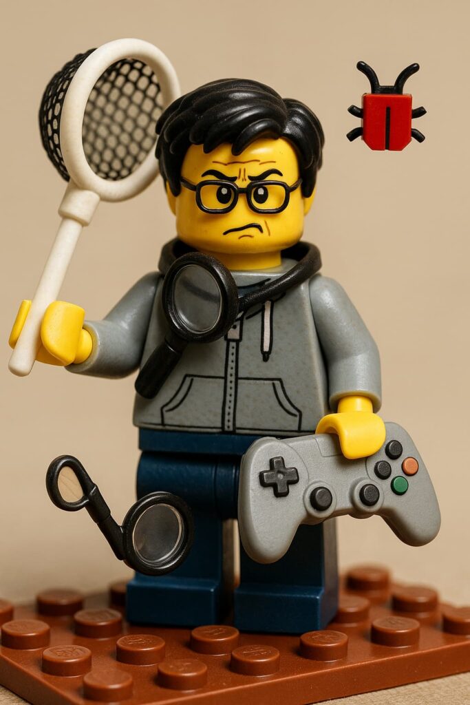 버그를 때려잡는 모기채와 게임 컨트롤러를 든 qa 테스터