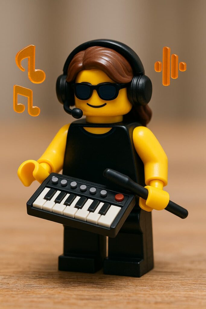 피아노 건반과 마이크를 들고 헤드폰을 낀 작곡가