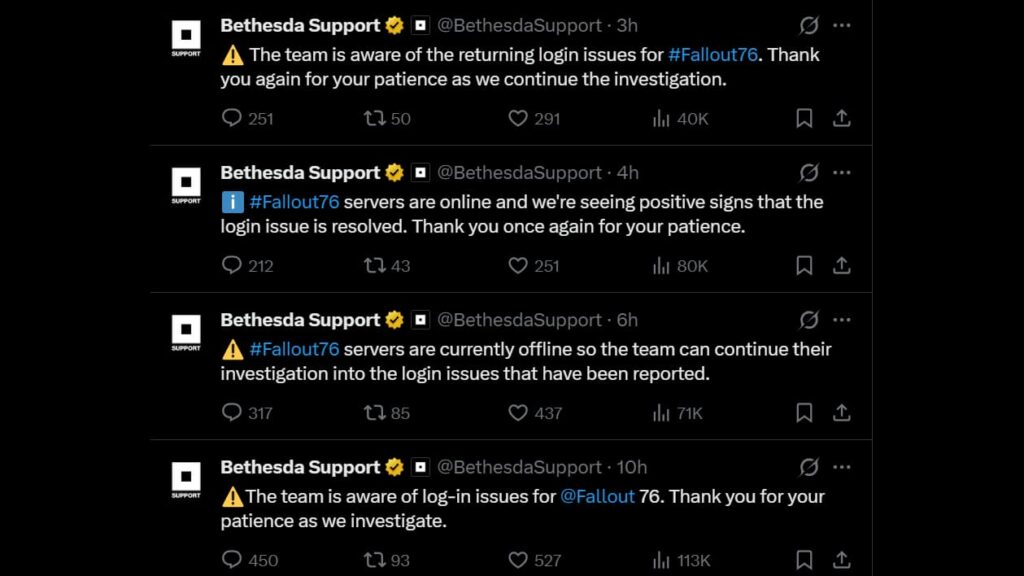 베데스다 지원 계정의 X 게시글 스크린샷