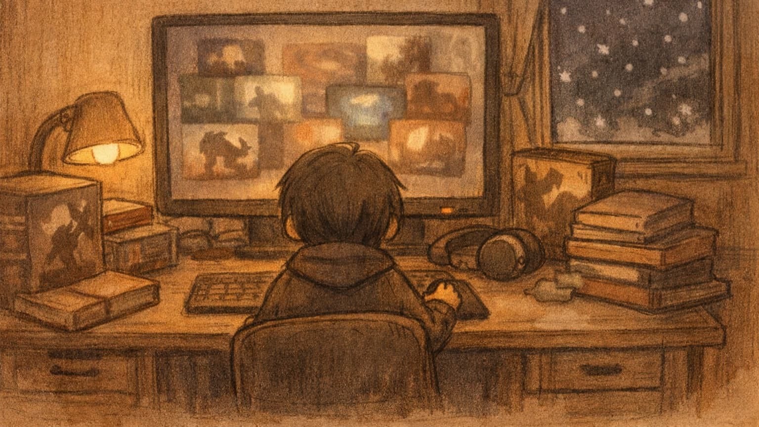 스팀 화면이 띄워진 컴퓨터 앞에 앉아있는 감성 일러스트