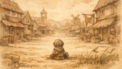 텅빈 마을에 앉아있는 캐릭터의 뒷모습 일러스트