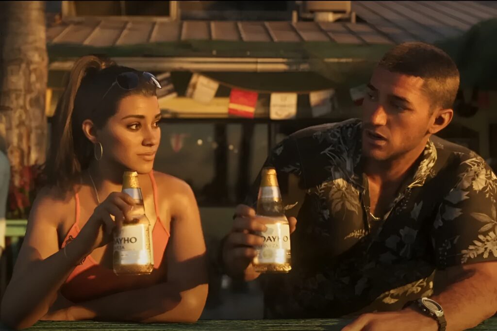 술병을 들고 마주 보는 GTA 6의 남녀 주인공