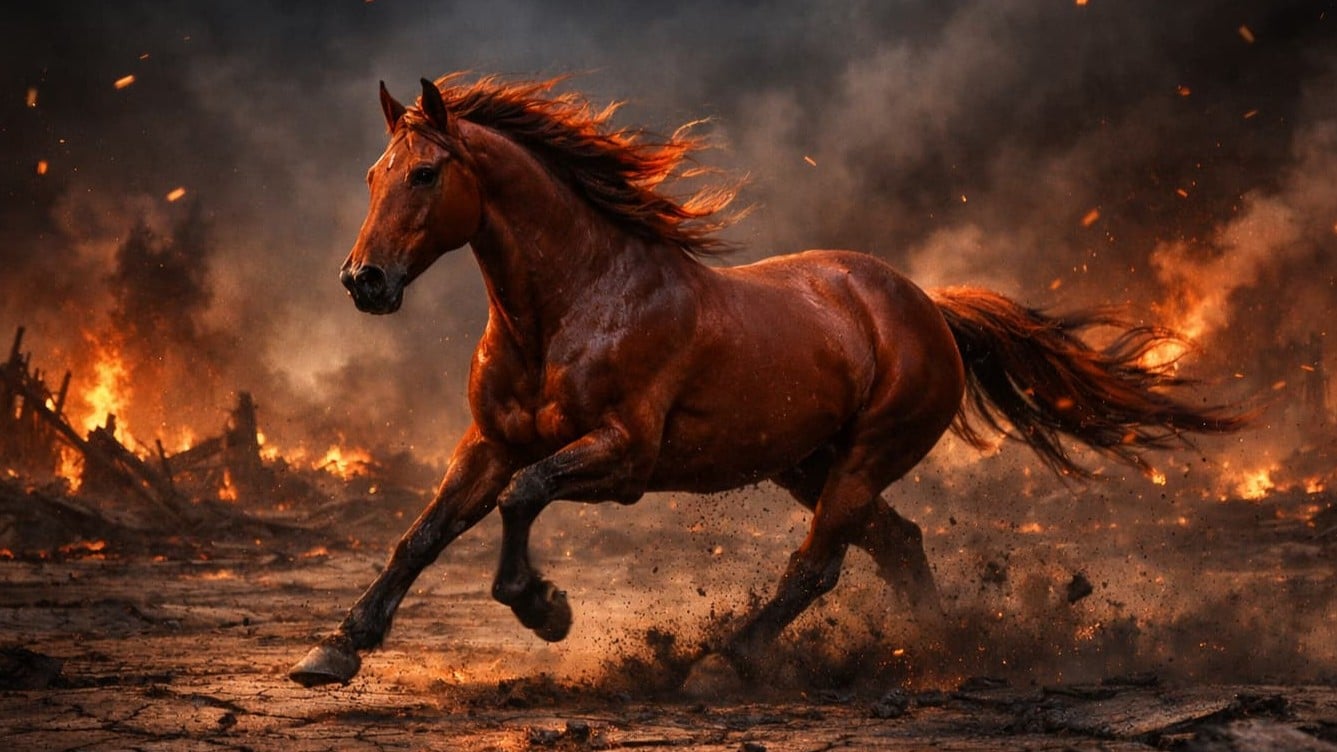 불타는 폐허를 달리는 붉은 말
