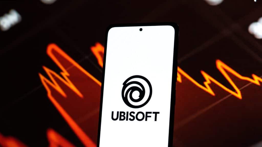 유비소프트 로고와 하락하는 주가