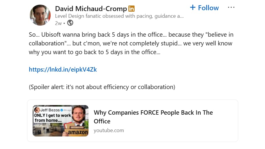 데이비드 미쇼드-크롬프의 링크드인 게시글