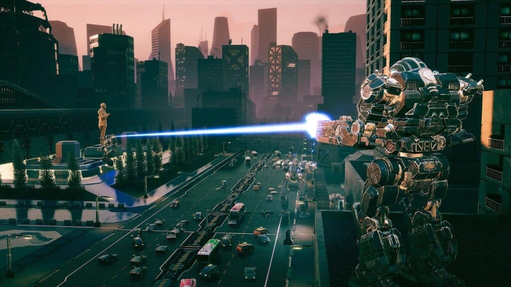 Een gigantische mech vuurt een energiebundel af op een stad in Battletech, terwijl verkeer over de snelweg rijdt.